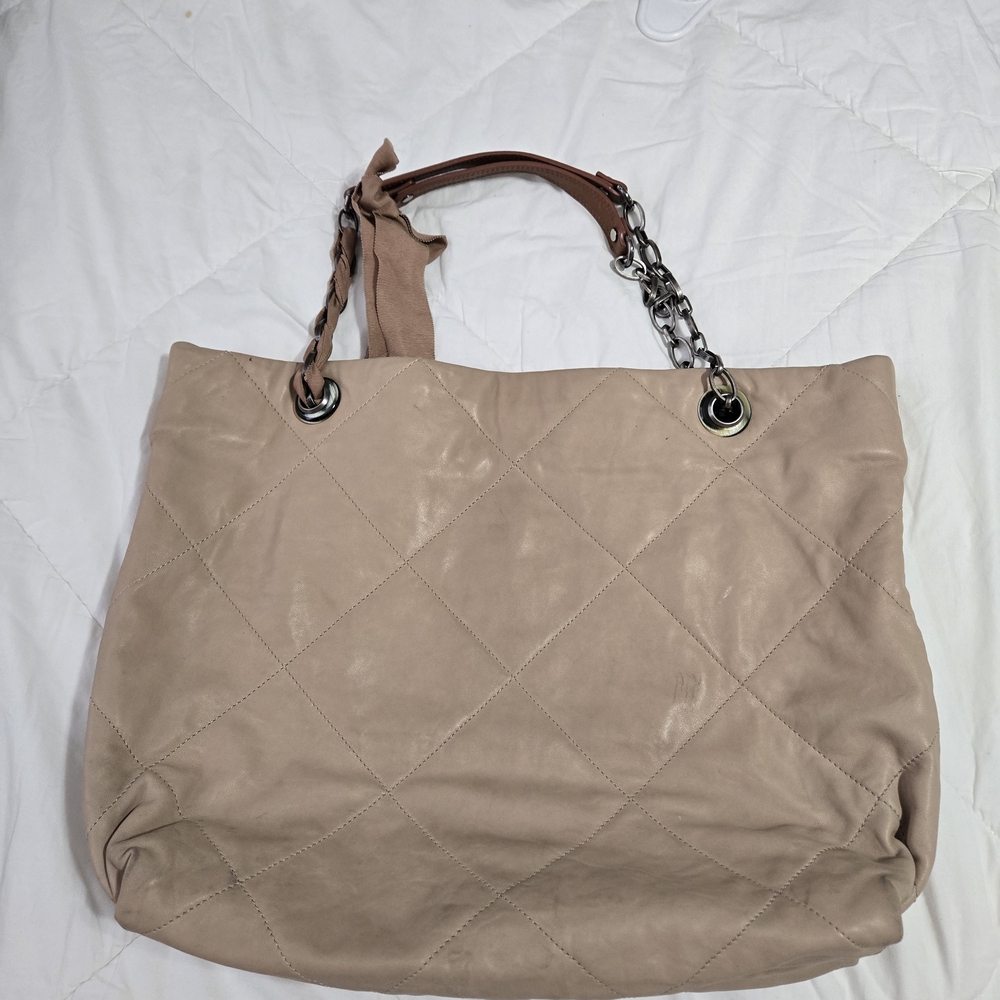 Lanvin Quilted Taupe Leather Tote with Chain Handles